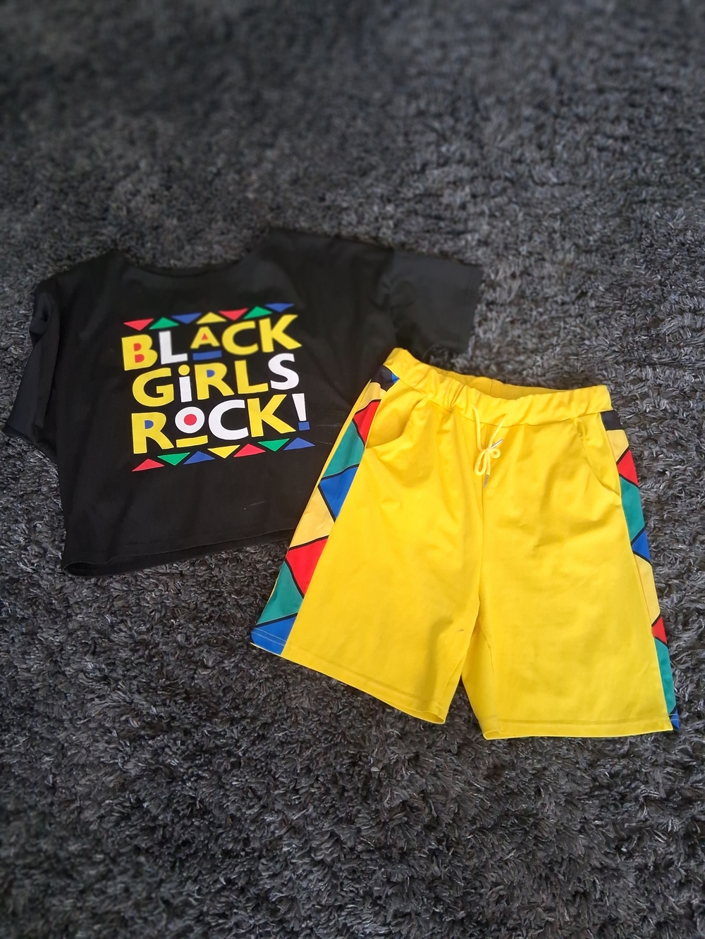 Black "Black Girls Rock" Graphic Tee & Bright Yellow Shorts Set